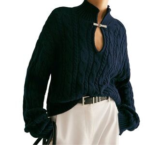 Commense Navy Cotton Cable Knit Keyhole Sweater Silver Clasp NWT Medium